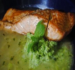Salmon in Lemon Brodetto with Edamame Puree