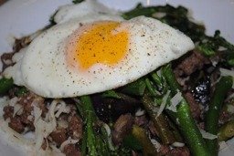 Amanda’s Ground Buffalo with Broccoli Eggplant and Egg