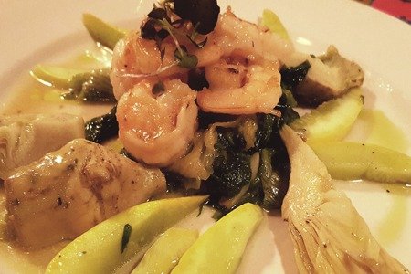 Coconut Shrimp with Artichoke, Escarole and Squash