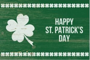 leaf clover and white text happy st patricks day over green wooden picture id1132505416 copy